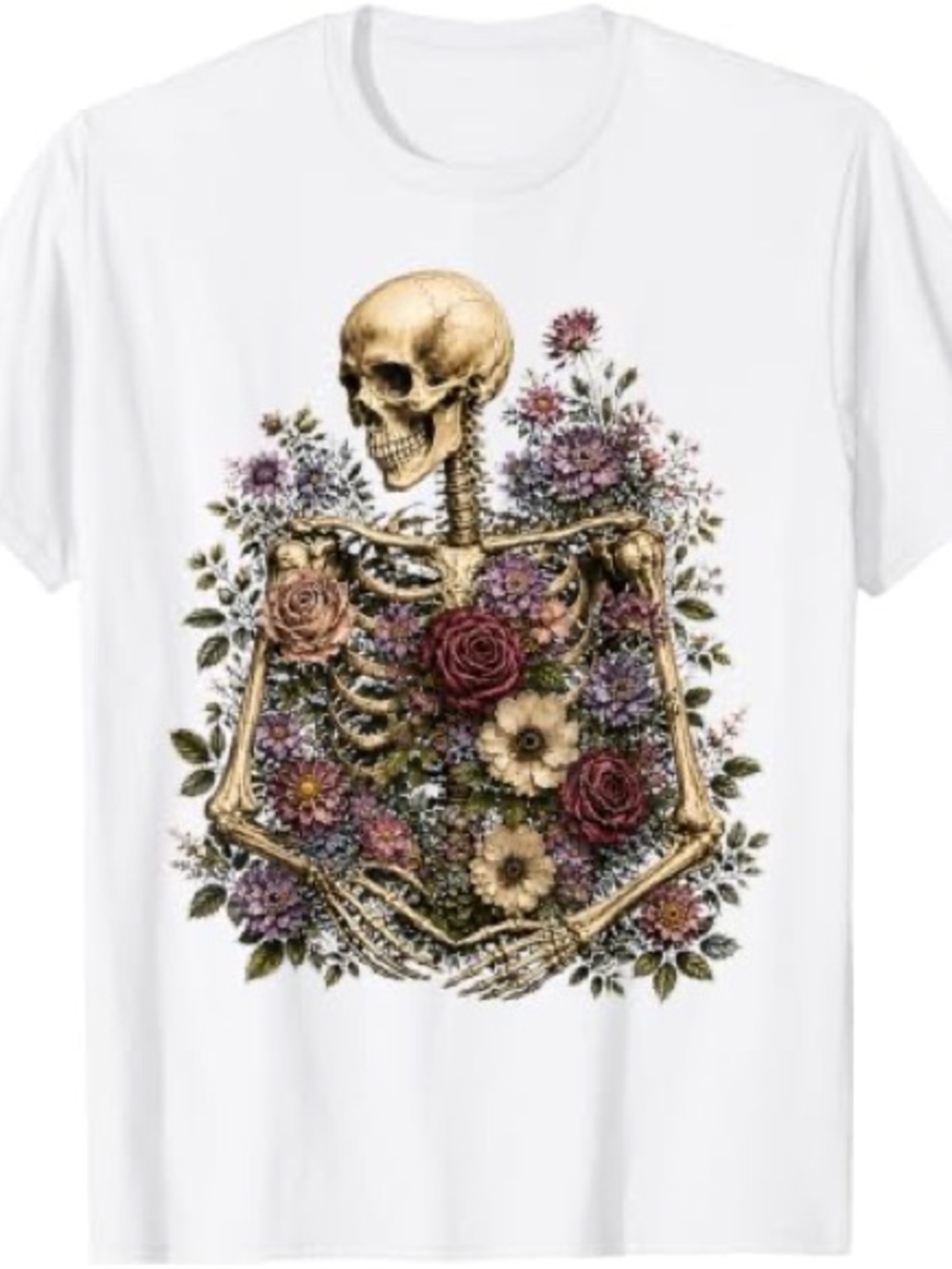 Gildan White Tee with Gold Skeleton & Floral Artwork, Gift For Her, For Him